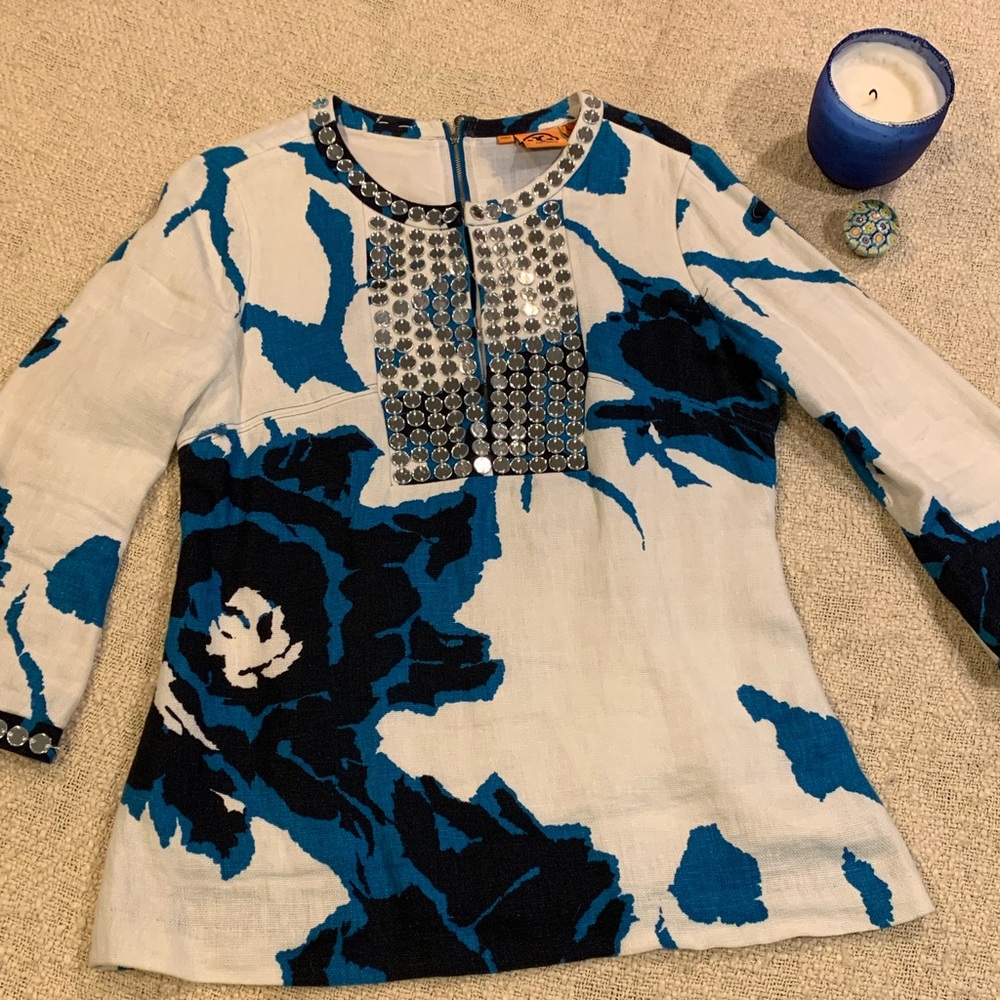 Tory Burch Dulce Linen Tunic Mirror Sequins white